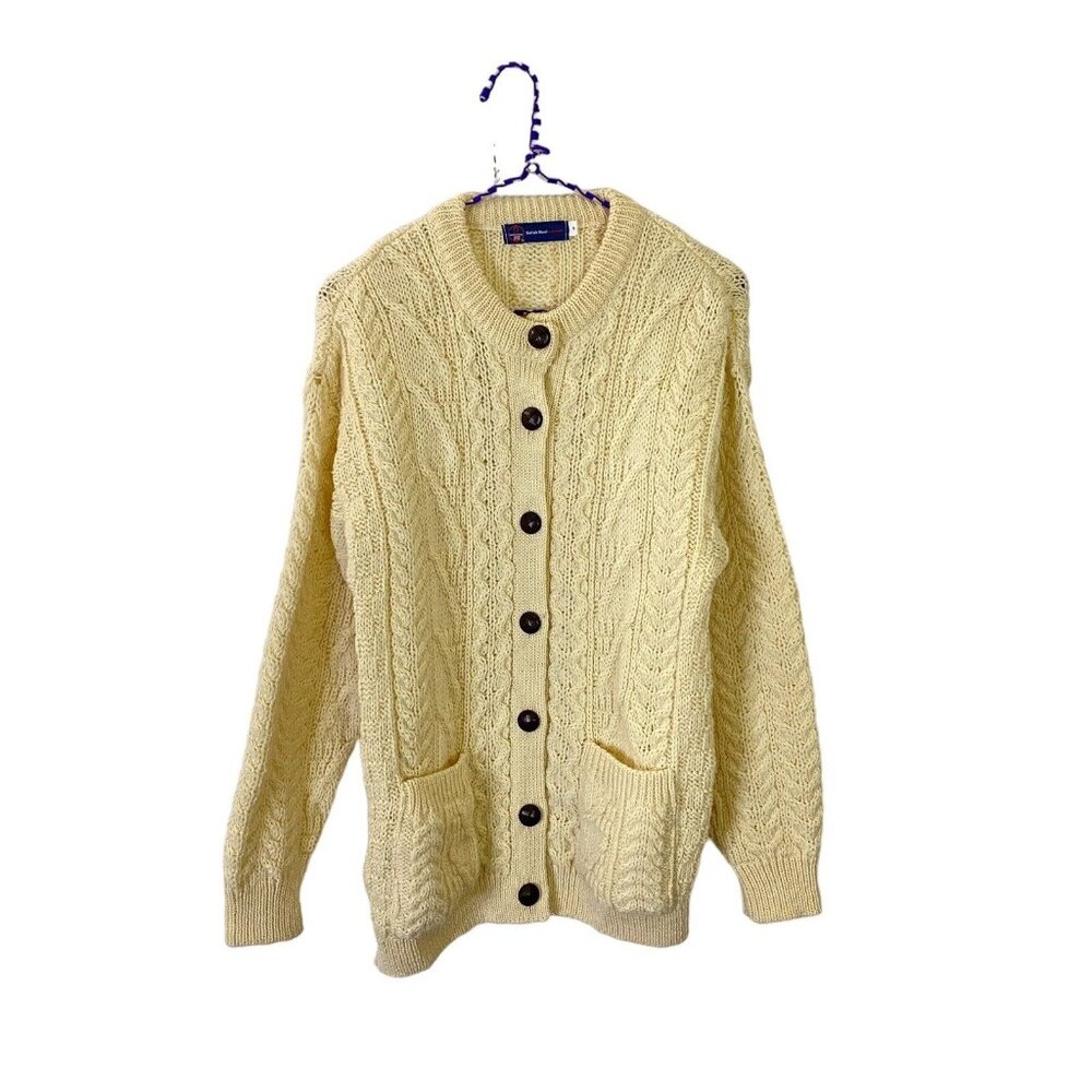 British Wool Naturally Cream Beige Chunky Fisherman Cable Knit Cardigan Sweater